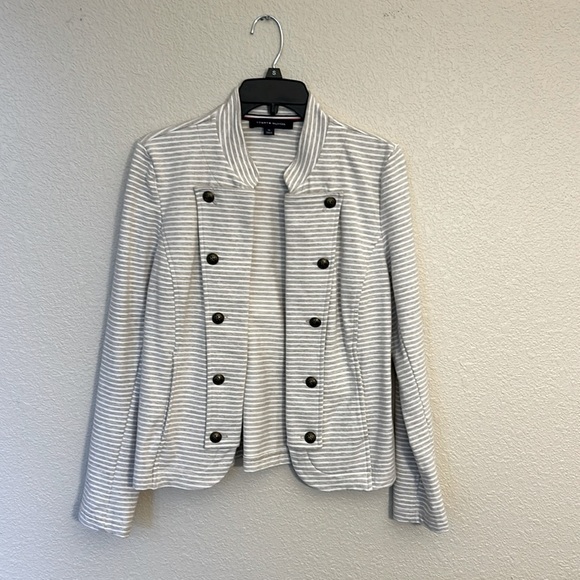 Women’s Tommy jacket size medium. It’s a tan and white stripe jacket. - Picture 1 of 5